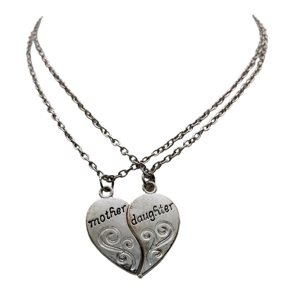 2 Piece Silver Mother Daughter Heart Necklace Set Gift Box Mom - Picture 1 of 5